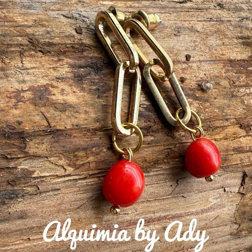 Coral Red Bead Earrings — Gold Loop Design